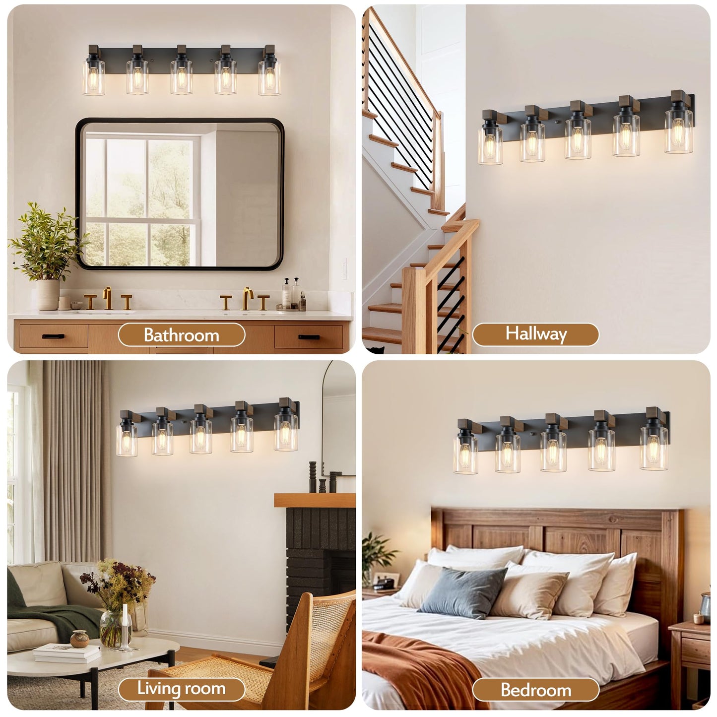 Farmhouse Bathroom Vanity Light Fixtures  Rustic 5-Light Wood Vanity Lights For Bathroom  Vintage Black Wall Sconces Lighting  Light Fixtures Over Mirror  With Glass Shade