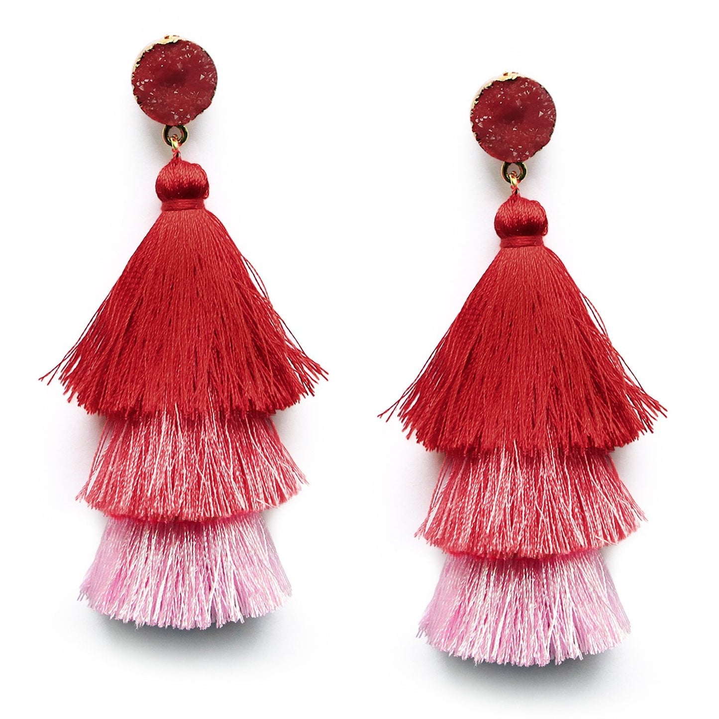 Me&Hz Red Layered Fashion Tassel Earrings Dangle Drop Bohemian Statement Earring for Women Red Ombre Fringe Crystal Studs Christ