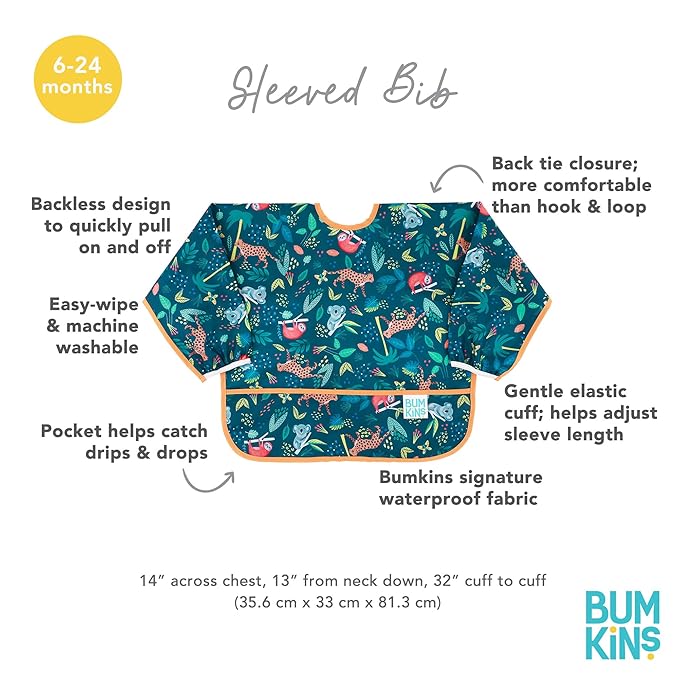 Bumkins Sleeved Bib, Waterproof Fabric, Jungle & Animal, 2-pack