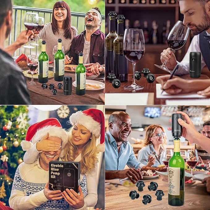 Electric Wine saver pump with 6 wine stoppers vacuum, wine preserver keep Your Wine Fresh for up to 10 Days, USB-C Rechargeable, 1 Pump 6 Stoppers Best Gifts for Wine Lovers, Black