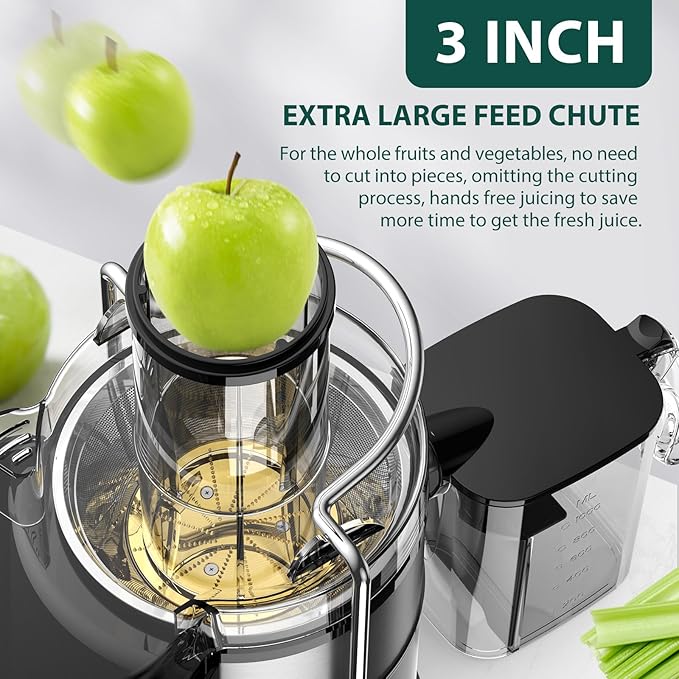 1300W KOIOS Centrifugal Juicer Machines, Juice Extractor with Extra Large 3inch Feed Chute, Full Copper Motor, Titanium-Plated Filter, High Juice Yield, 3 Speeds Mode,Easy to Clean with Brush,Non-BPA