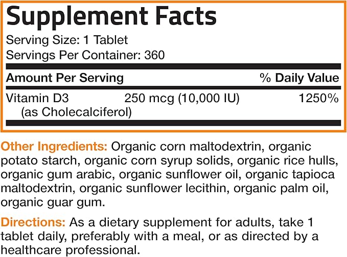 Bronson Vitamin D3 10,000 IU (250 mcg) Certified Organic High Potency Non-GMO Vitamin D Supplement, 360 Tablets