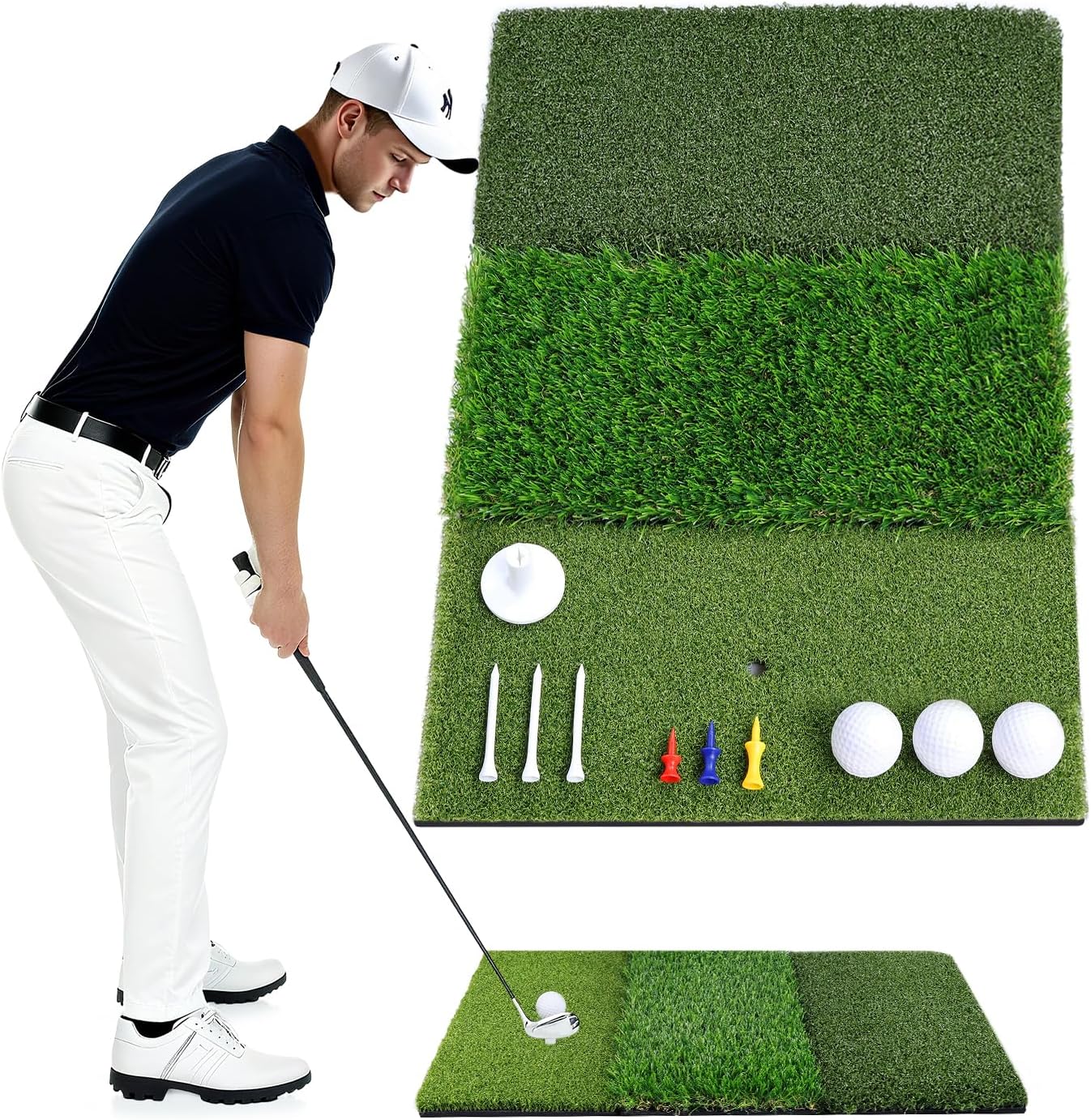 Golf Hitting Mat, Tri Turf Portable & Foldable Golf Practice Mat, with 5mm PVC Rubber Backing for Backyard, Driving Range, Indoor Outdoor Practice Hitting, Swing & Putting Training