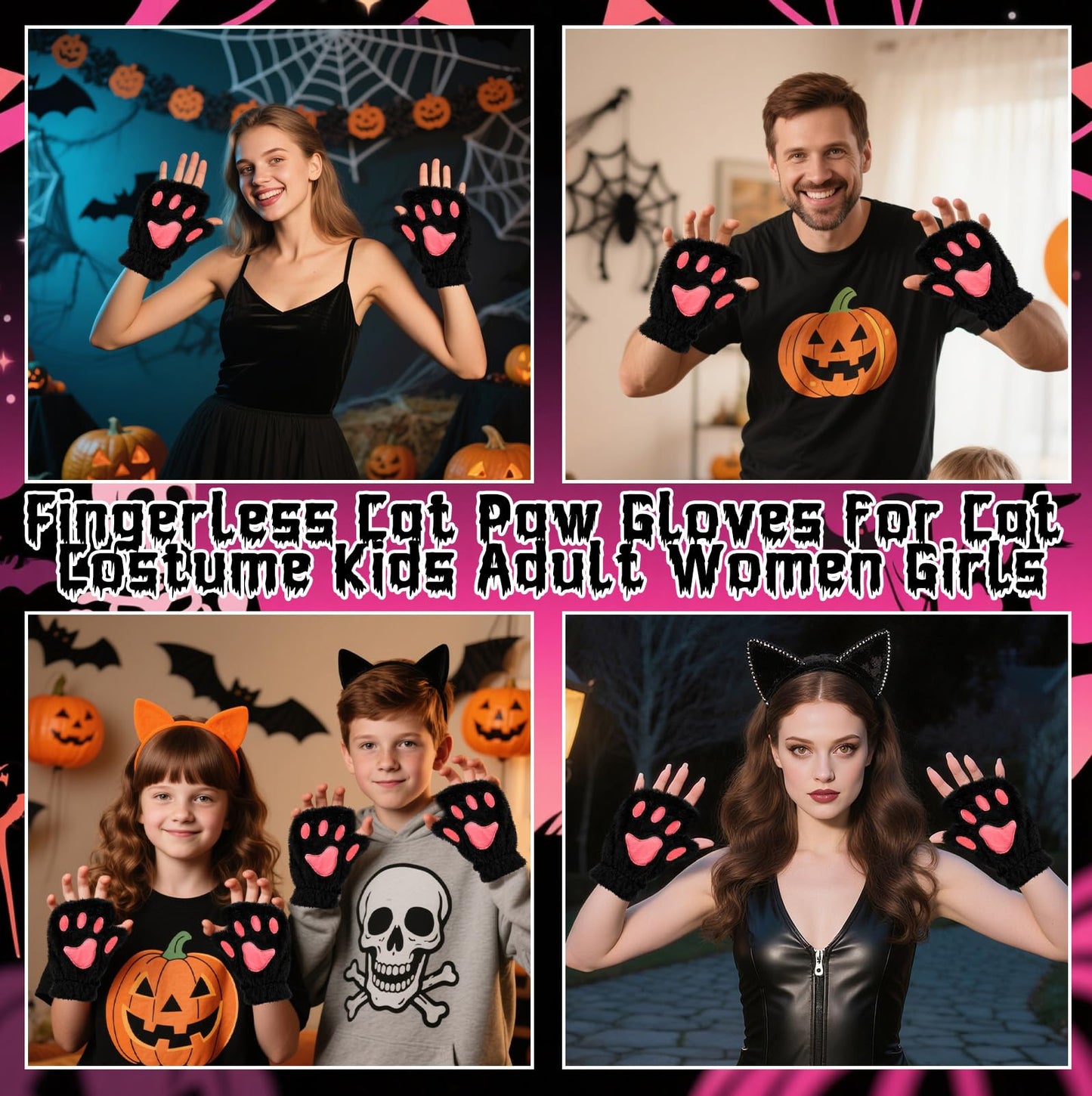Dokeawo Fingerless Cat Paw Gloves, Furry Bear Plush Animal Mittens, Cute Cosplay Halloween Cat Costume Accessories for Women