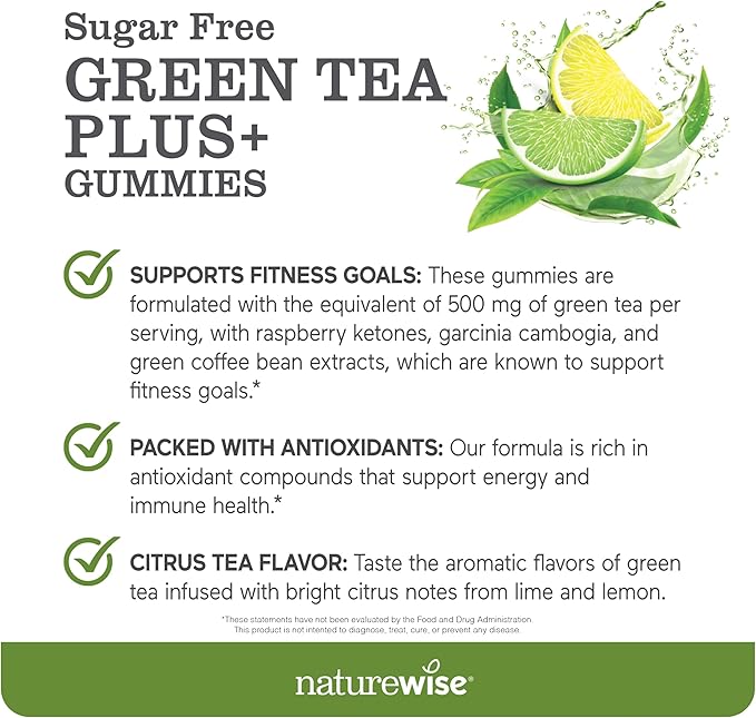 NatureWise Green Tea Gummies - Keto, Sugar Free - Supports Fitness Goals for Women & Men - 500mg Green Tea + Raspberry Ketones, Garcinia Cambogia - Vegan, No Gluten - 60 Count[1-Month Supply]