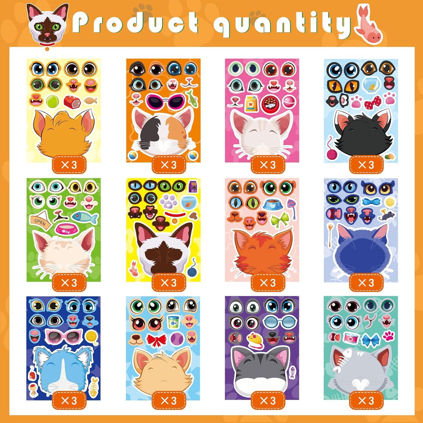 36 Sheets Cat Make a Face Sticker Sheets for Kids Todder, Make Your Own Stickers with 12 Cat Face Designs for Kids Birthday Party Favor Supplies Craft