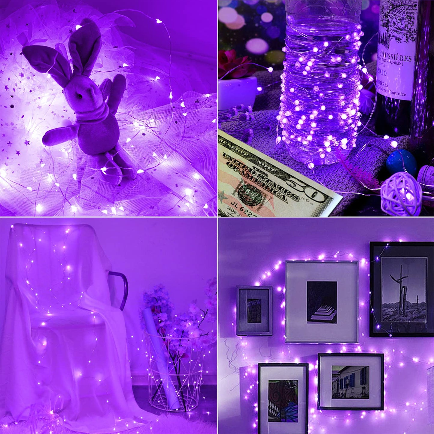 Omika 33Ft Battery Operated Led Uv Black Lights - 100 Units 2835 Beads, Remote Control, Purple, Flexible Fairy String Lights, Model Bg-Uv-Bo-2