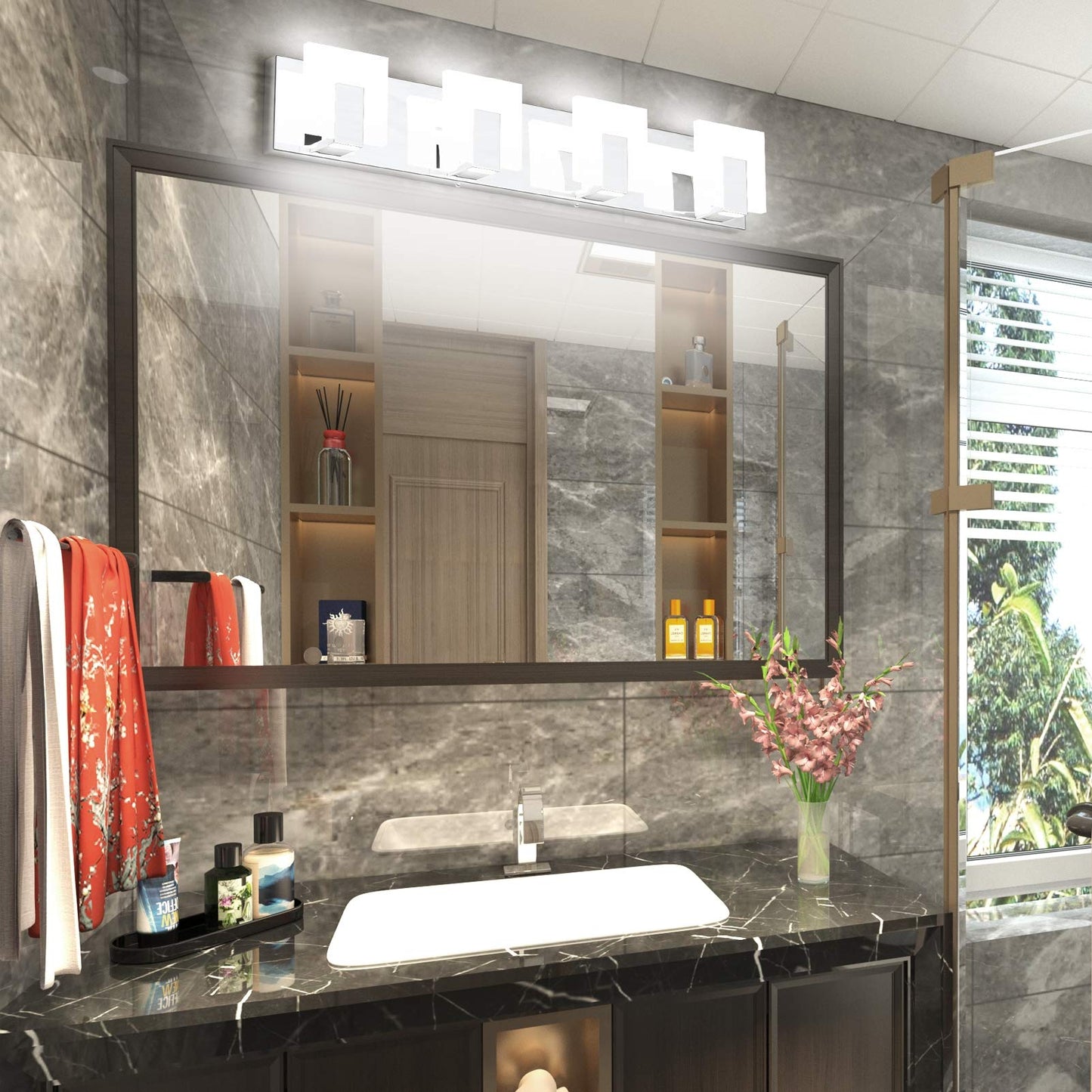 Aipsun Modern Led Bathroom Vanity Light, 4 Lights, Frosted White Acrylic, Chrome Finish, Model Ca-1105-4T, 6000K White Light