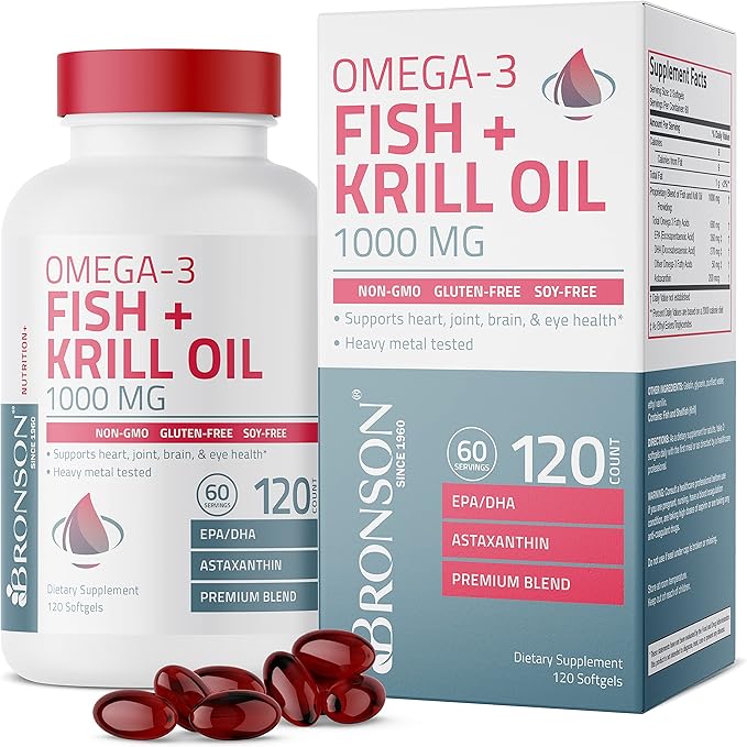 Bronson Vitamin K2 (MK7) with D3 Supplement Omega-3 Fish + Krill Oil 1000 MG