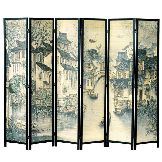 MyGift 6 Panel Room Divider Privacy Partition with Dual-Sided Vintage Asian Water Village Ink Brushed Print Design, 6FT Black Wood Framed Decorative Artwork Folding Screen 94.6''W x 68.9''H