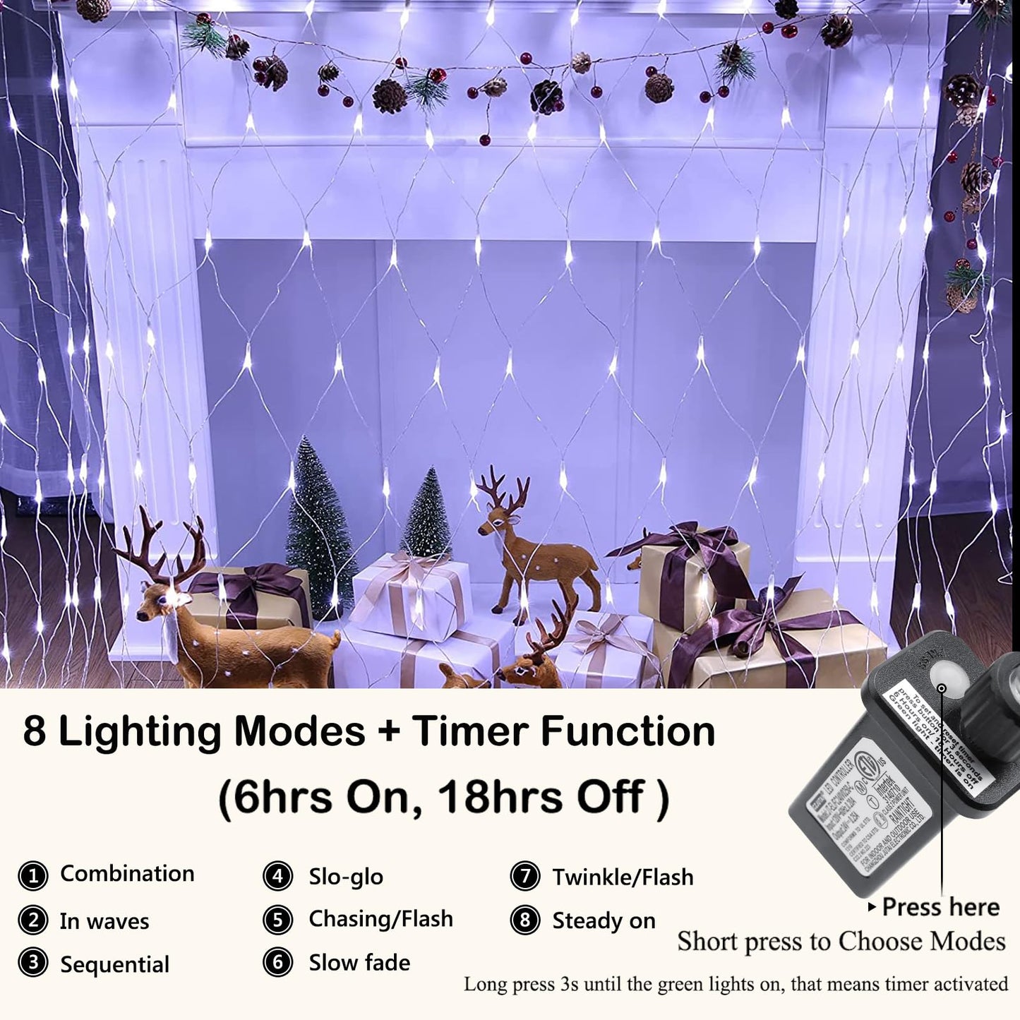 Joomer Christmas Net Lights - 12FT x 5FT, 360 LED, Waterproof, 8 Modes, Clear Wire, White, Model SSL0360-N-29V