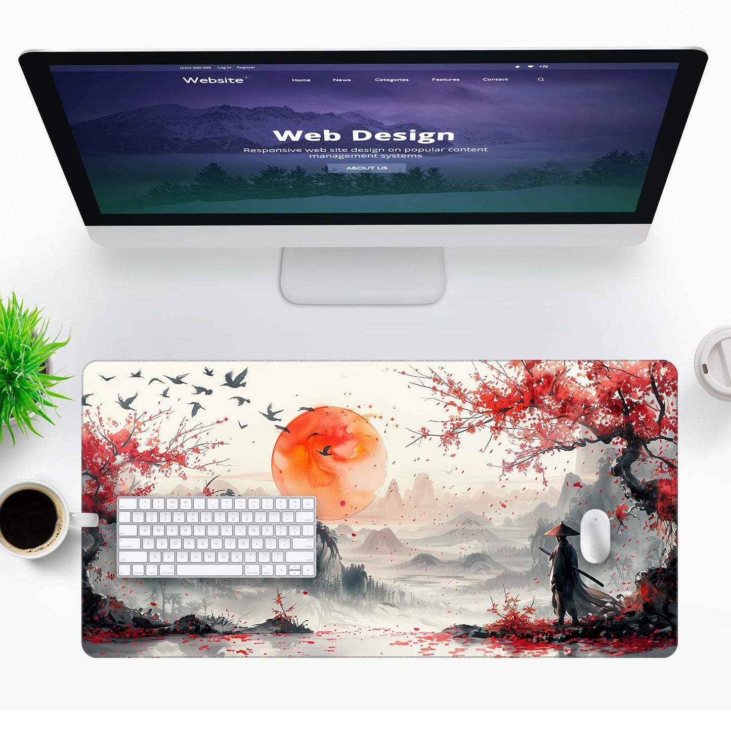 VNDL Large Japanese Gaming Mouse Pad, White and Red, Premium Non-Slip Anime Desk Pad for Office, Extended XL XXL Mouse Mat and Laptop Pad, Waterproof and Stiched Edges 31.5 x 15.7 in (sam1)