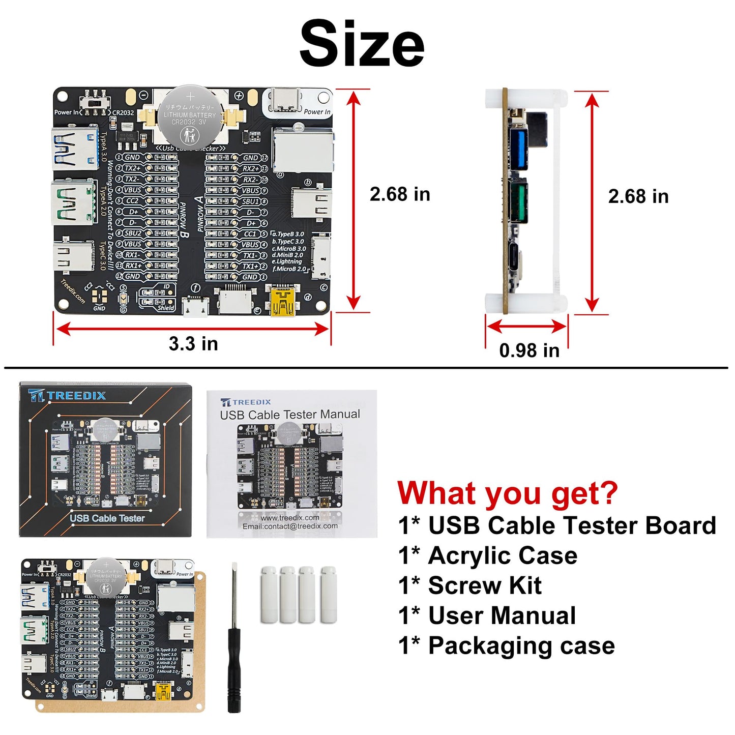 Treedix USB Cable Tester Board USB Cable Checker Data Wire with Acrylic Case Charging Test Data Line Type-C Micro Type A Type B