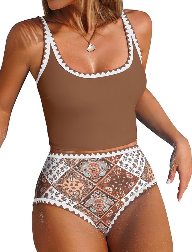 ZAFUL Tankini Swimsuit Tummy Control Bathing Suits Two Piece Swim Top with High Waisted Bottom