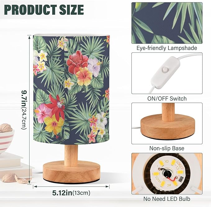 Table Lamp Tropical Palm Leaves Hibiscus Plumeria Flower Nightstand Lamp with Wood Base Fabric Lamp Shade Bedside Desk Lamp for Living Room Bedroom Kids Room Office