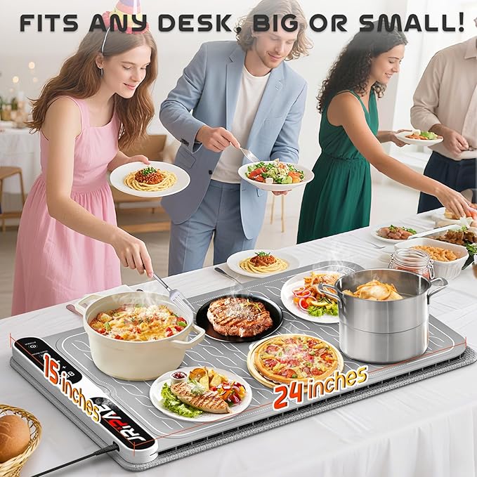 Warming Mat for Food, Fast Heating Silicone Electric Warming Tray with Heat Resistant Pad Protects Table,7 Level Temp, 8H Timer, Portable & Rollable Food Warmers for Parties Buffet, Daily Use