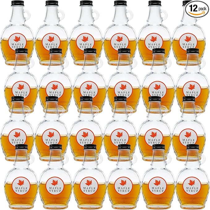5 oz Maple Syrup Bottles with Loop Handle Black Aluminum Lids, Clear Glass Bottles with Round Stickers, Maple Syrup Jars Container Sample for Gift Juice Milk Sauce Storage (12)