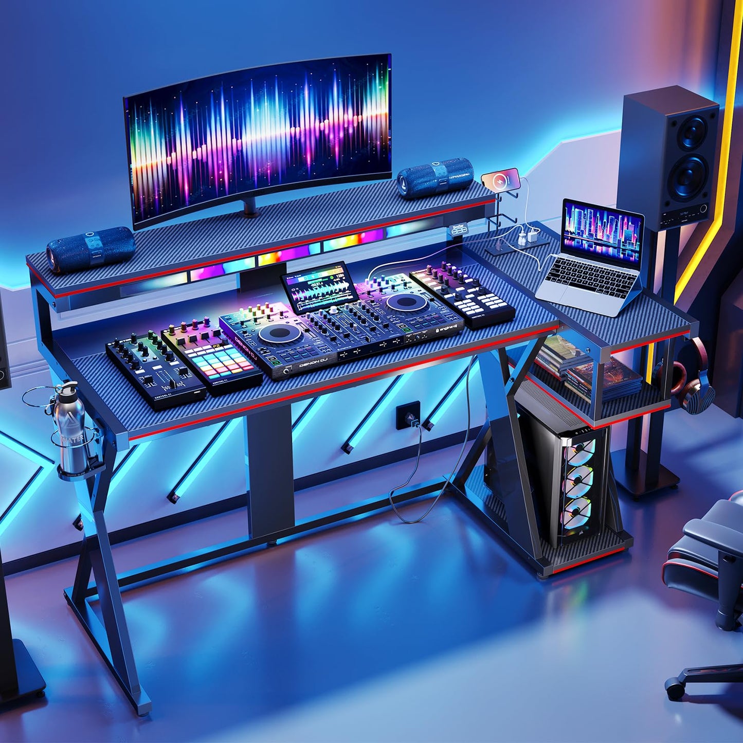 Bestier Music Studio Desk With Music Sync Light, Flow Vibe Music Production Desk With Monitor Stand And Storage Shelves, Cup Hol