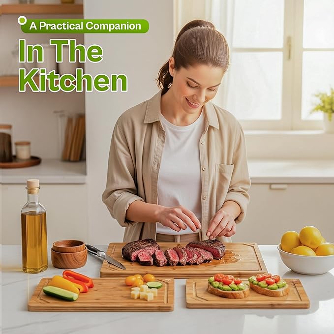 Bamboo Cutting Board Set – 3-Piece Wood Cutting Boards for Kitchen, Non-Toxic Chopping Board with Deep Juice Groove & Hanging Hole, 0.8-Inch Thick, Natural Food-Safe Board Set