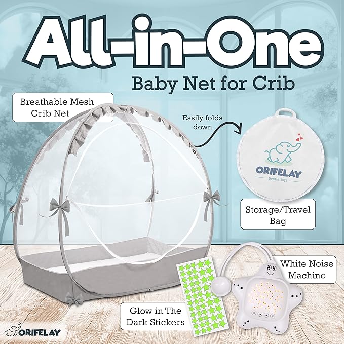 Baby Crib Tent - Toddler Bed Tent w/White Noise Machine, Wide Zipper Opening - Easy Setup Crib Cover w/Glow in The Dark Stickers & Custom Multi Color Light, Breathable Mesh Cribs Net (Gray)