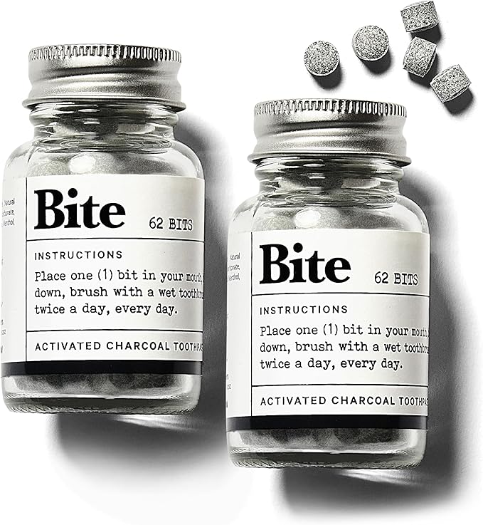 Bite Whitening Toothpaste Tablets – Nano Hydroxyapatite & Xylitol (Mint Charcoal) | Sensitive Teeth Friendly | No Fluoride, Vegan, Cruelty-Free | Travel-Size | 2 Bottles (124 Bits) | Made in USA