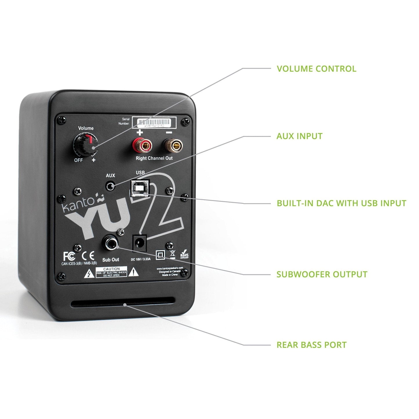 Kanto Yu2 Pc Gaming Desktop Speakers | 3 Composite Drivers | 3/4 Silk Dome Tweeter | Class D Amplifier | Pair | Matte Black With