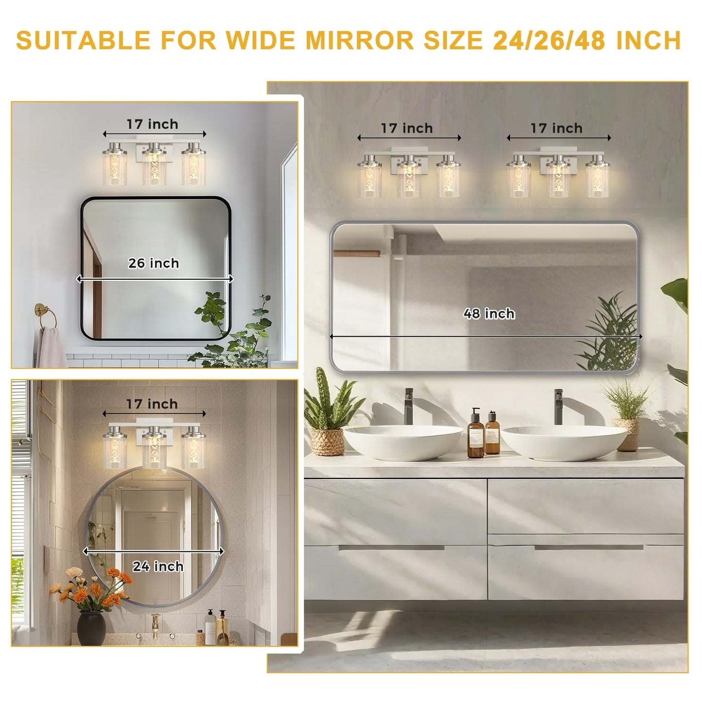 L LOHAS LED 3-Light Bathroom Light Fixtures, Dimmable Crystal Vanity Lights with Clear Glass Shade, Nickel Finish