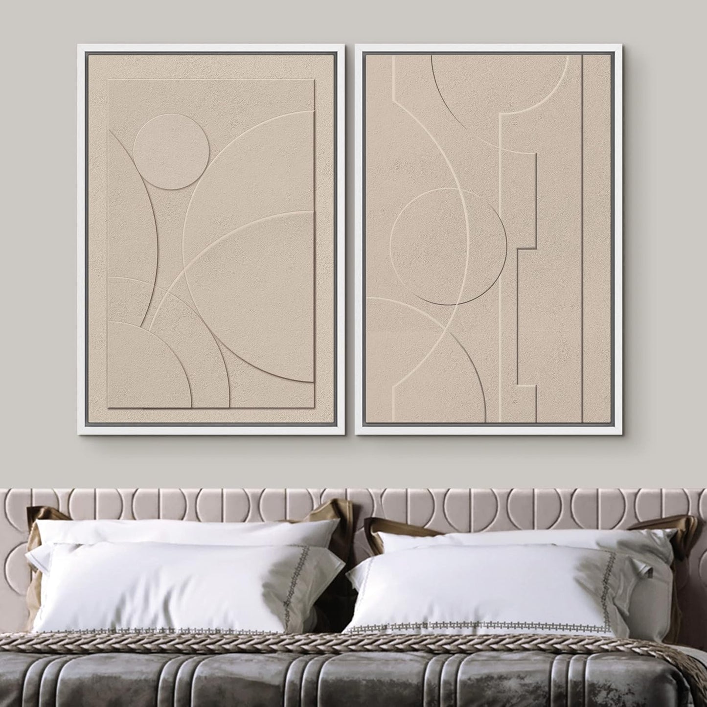 SIGNWIN Framed Canvas Print Wall Art Set Art Deco Geometric Polygon Collage Abstract Shapes Illustrations Minimal Decorative Boho Nordic Relax for Living Room, Bedroom, Office - 24"x36"x2 White