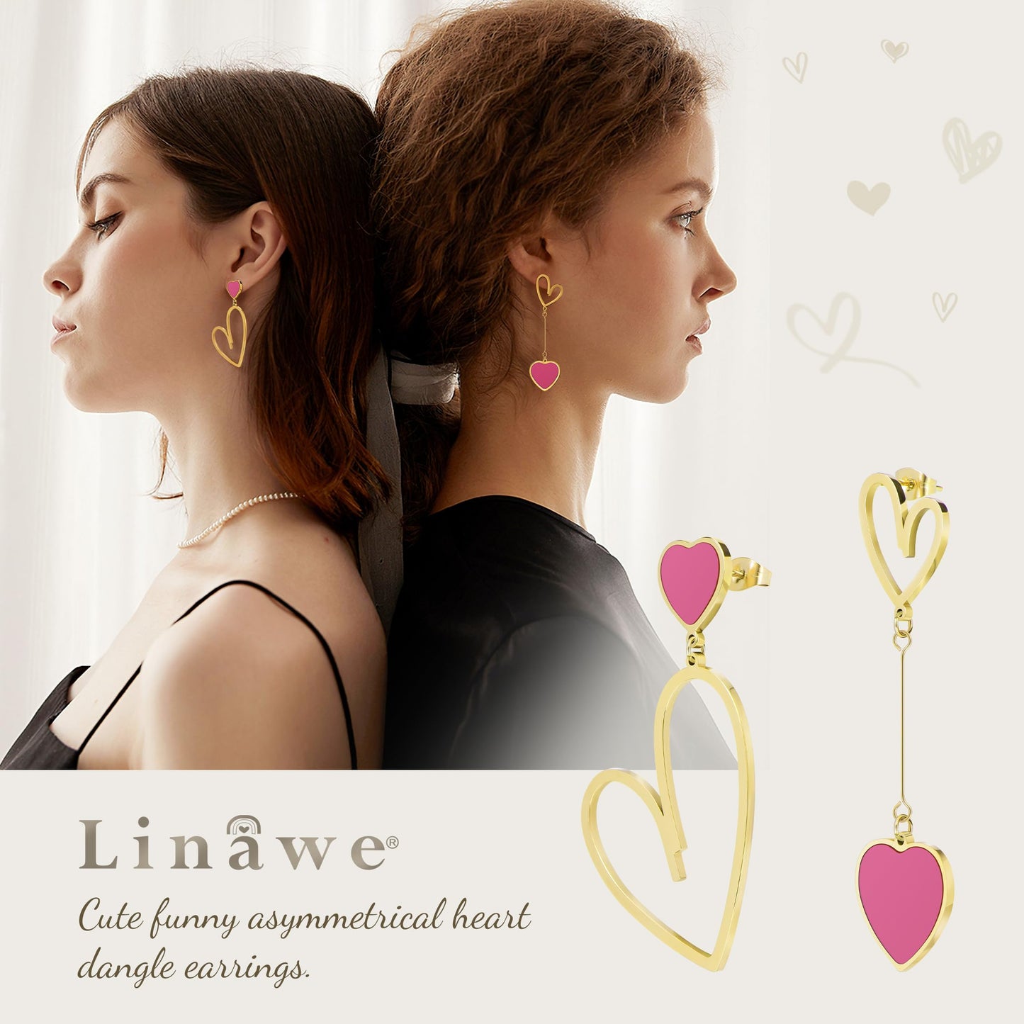 Linawe Hot Pink Heart Earrings for Women, Gold Dangle Drop Earrings, Titanium Surgical Steel Hypoallergenic Asymmetrical Earring