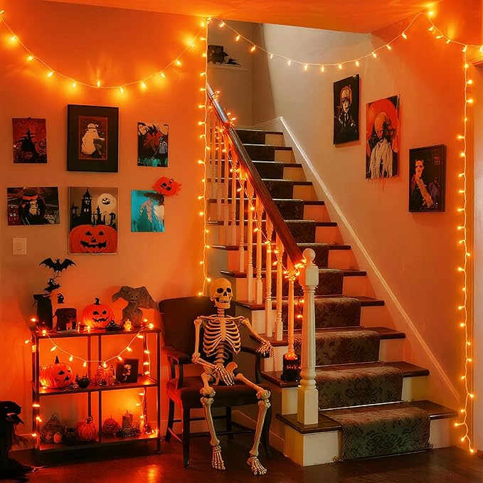 JMEXSUSS Connectable 33ft Halloween Lights Indoor, 100 LED Clear Wire Orange Lights for Halloween, 8 Modes Outdoor Orange Christmas String Light Plug in for Christmas Tree Party Decoration