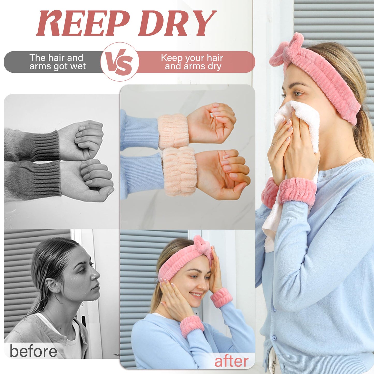 Women's Wrist Towels for Washing Face, Microfiber Spa Wash Band, Absorbent Wristbands Sweatband for Girls Prevent Water from Spi