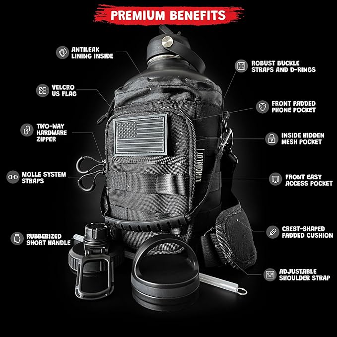 1 Gallon Water Bottle Insulated - 84 Oz Stainless Steel Metal Water Jug with Holder - | Carrying Bag | Spout Handle | Straw Lids | Keep Cold & Hot | - Black Tactical Flask