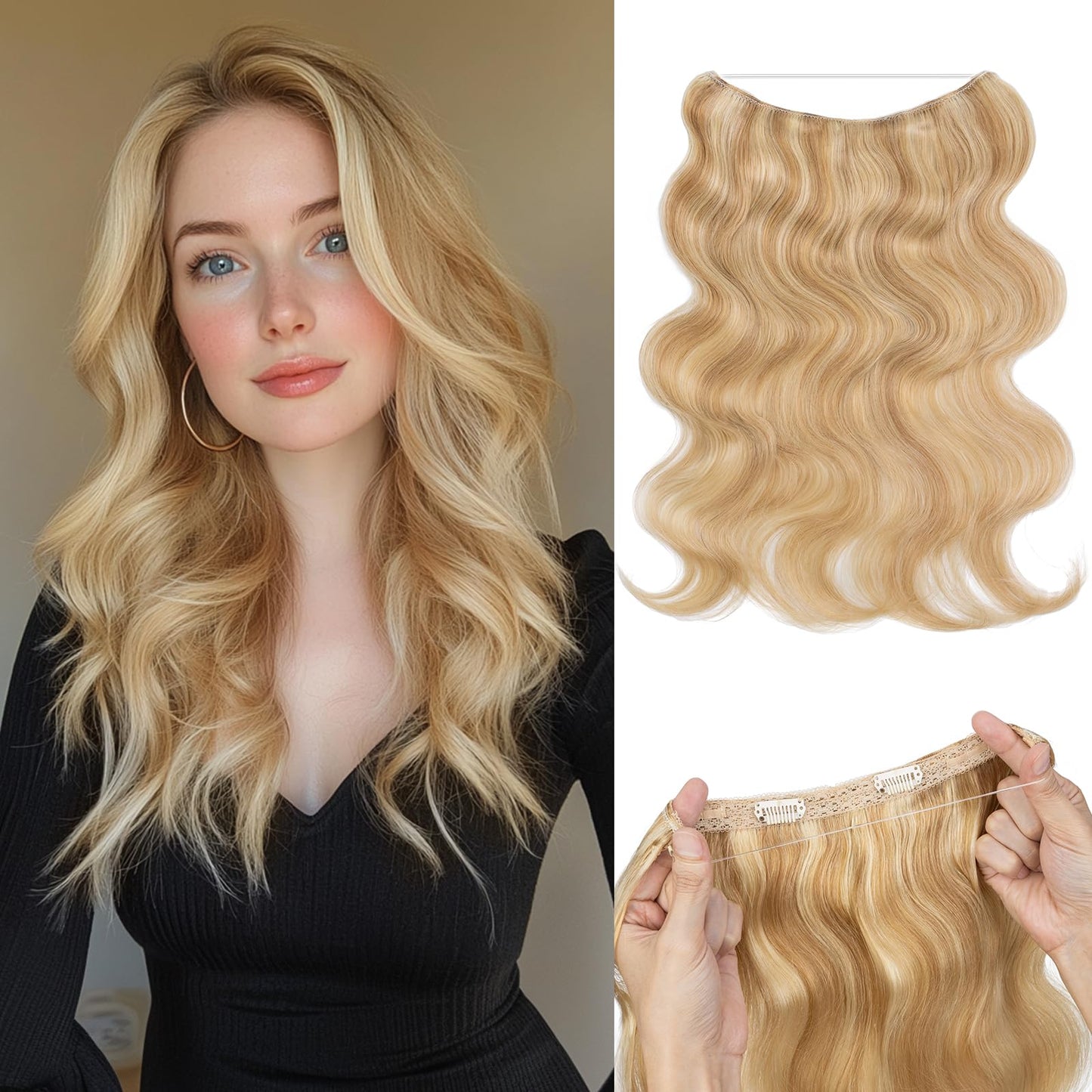 S-noilite Wavy Halo Hair Extensions Real Human Hair,16Inch Invisible Wire Hair Extensions,2 Clips Halo Extensions for Women(Ash