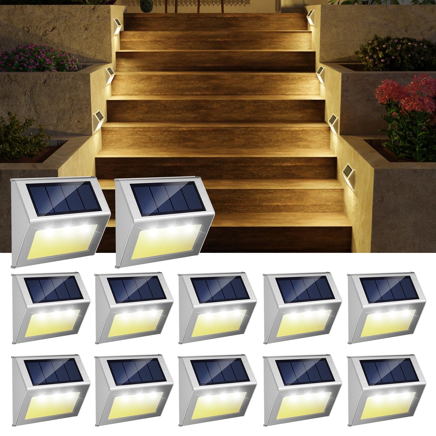 JSOT Solar Fence Lights Outdoor, 12 Pack Waterproof Stainless Steel LED Lamp, Warm White, Model LTD
