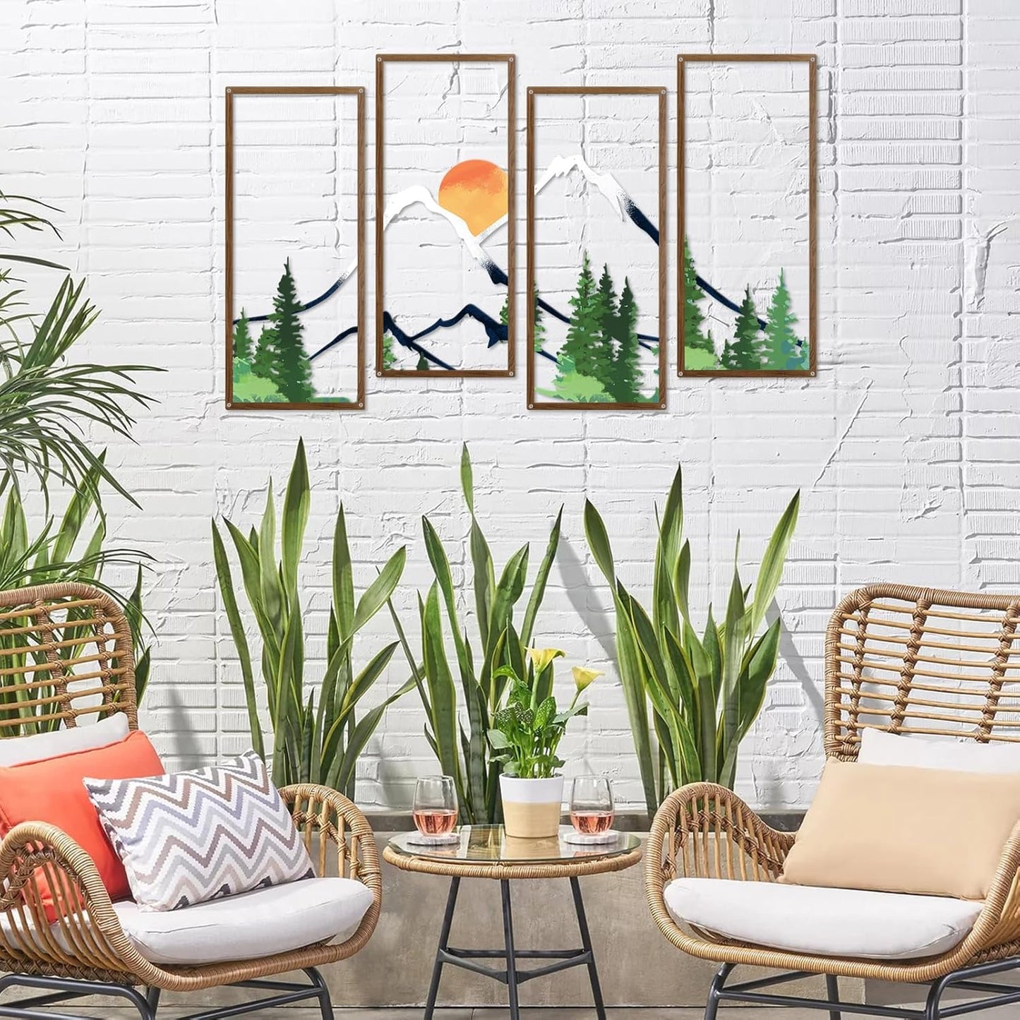 ruelen 4 Pcs Metal Sunset Mountain Forest Wall Decor, Abstract Minimalist Line Drawing Large Colorful Mountains Wall Art Home Decor for Living Room Bathroom Bedroom Office Indoor And Outdoor (Large)