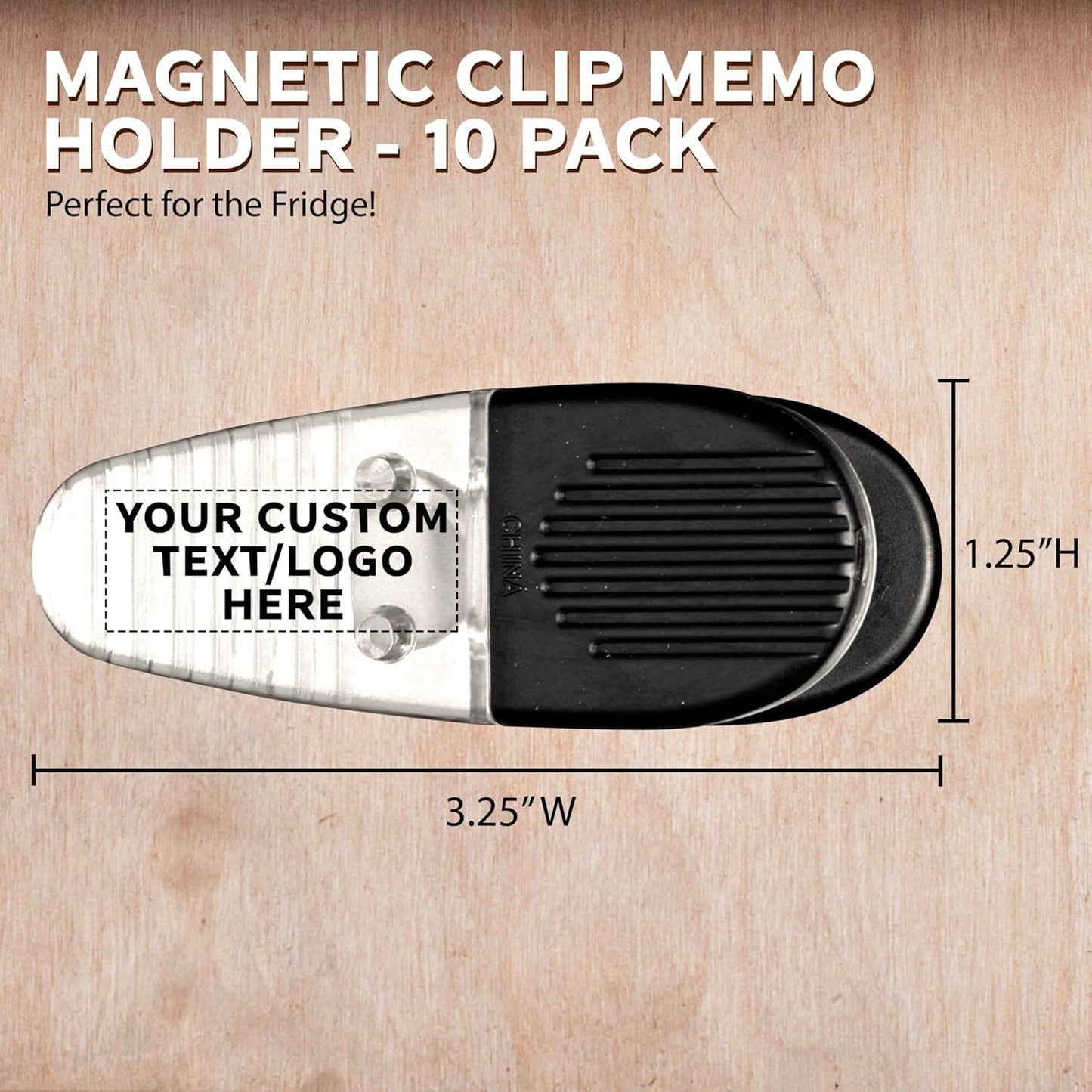 10 Magnetic Memo Holders Set - Customizable Text, Logo - Large Clip, Plastic - Clear