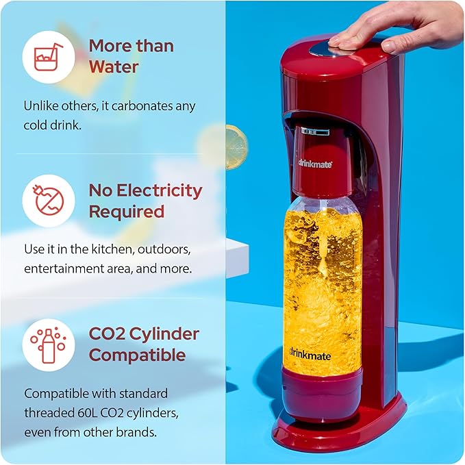 DrinkMate Sparkling Water and Soda Maker, Carbonates ANY Drink, Includes One 1L and One 0.5L Re-usable BPA-free Carbonating Bottles, 60L CO2 Cylinder and Patented Fizz Infuser, Royal Red