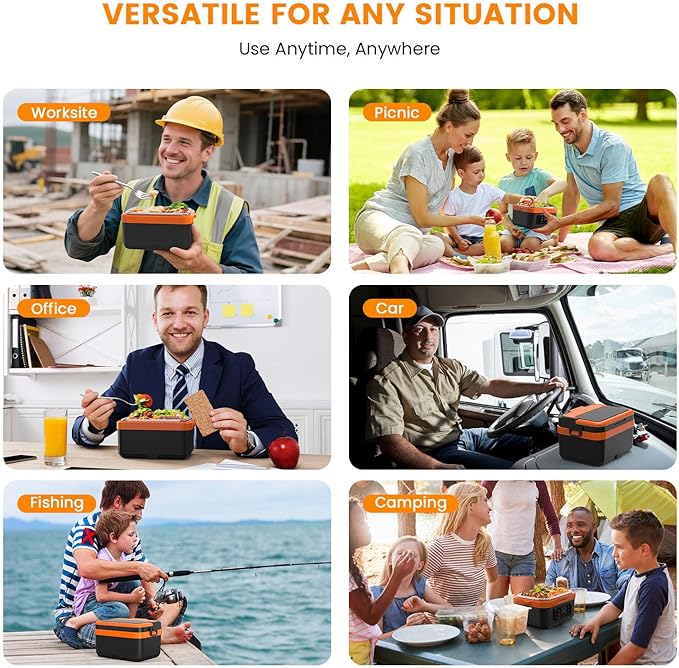 Electric Lunch Box For Adults - Rechargeable 75W Self-Heating Food Warmer with 6.3 Cups(1.5L) Stainless Steel Container, Heated Lunch Box For Office, Picnic, Car & Outdoor Use(Orange)