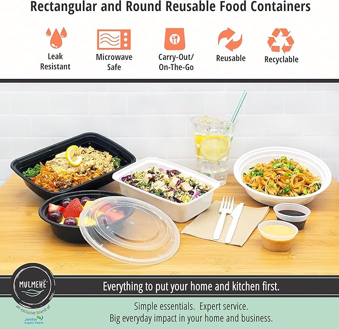 MULMEHË Plastic Food Storage Take-Out Container and Lid Combo, 48 oz, Microwaveable, Round, Black, 9x2.3”, Set of 150
