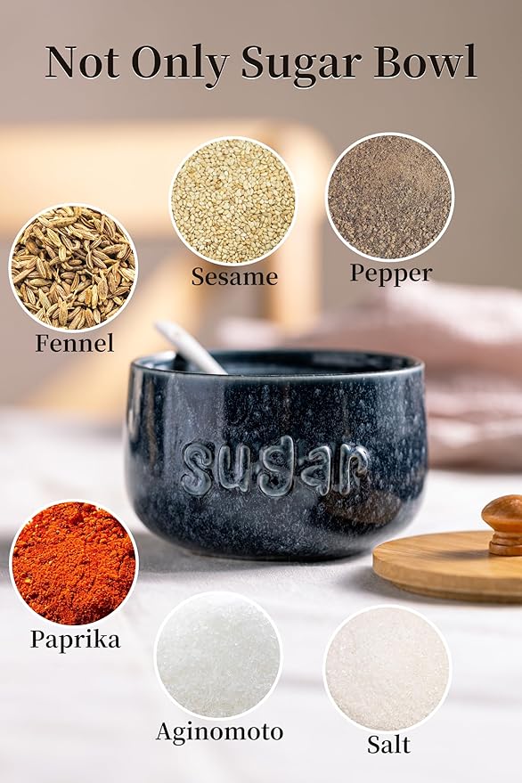 LYEOBOH Sugar Bowl with Lid and Spoon,17 OZ Large Sugar Jar for Countertop, Ceramic Sugar Dish for Coffee Bar, Azucarera for Farmhouse Home and Kitchen - Housewarming Gift, Starry Navy