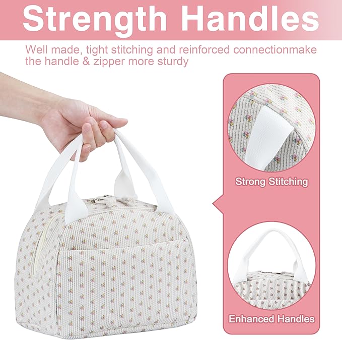 Lunch Bag - Insulated Lunch Box for Women, Reusable Large Capacity Cooler Bag for Adult, Small Leakproof Cute Corduroy Lunch Tote for Work Office Travel Picnic (Little Flower White)