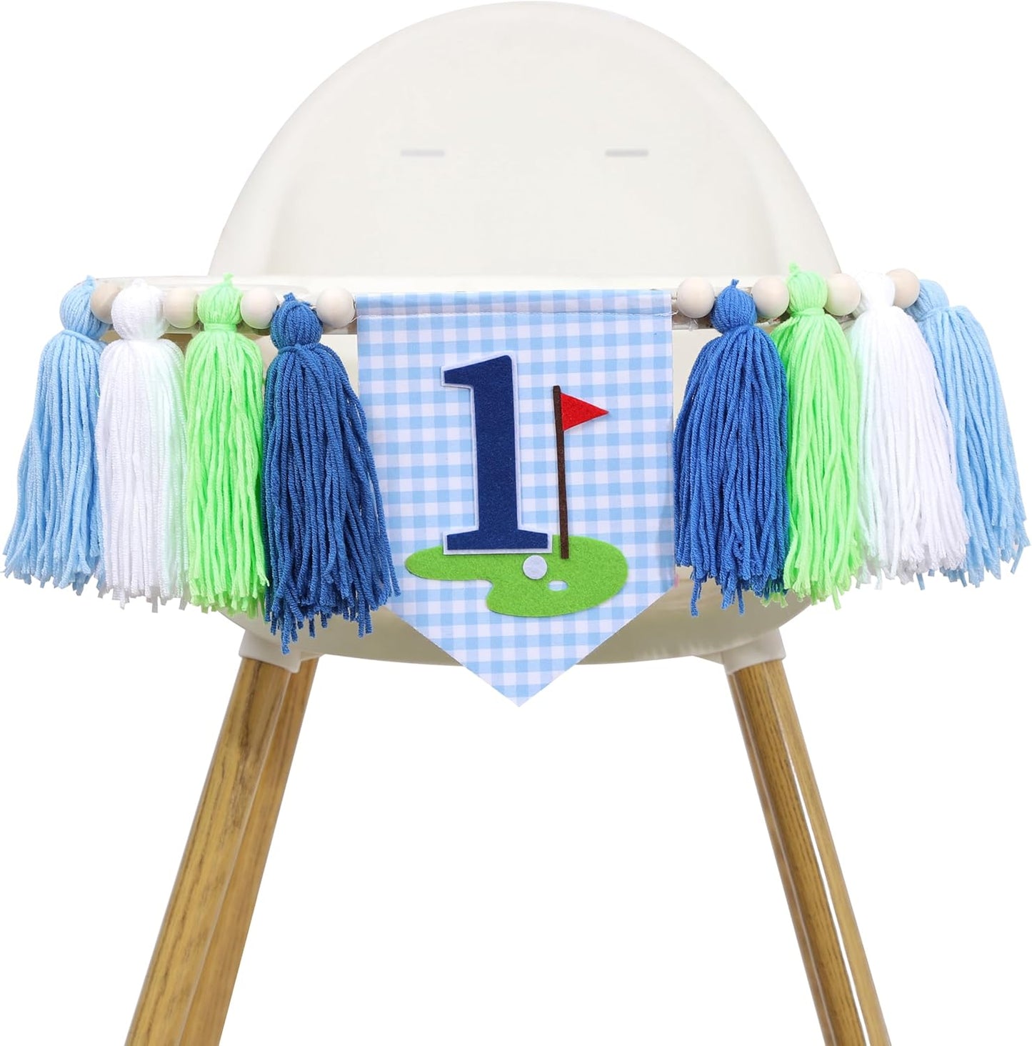 Golf 1st Birthday High Chair Banner - Hole in One Cake Smash Decorations, Golf Yarn Tassel Highchair Banner, Blue and Green Birthday Decor for Boys