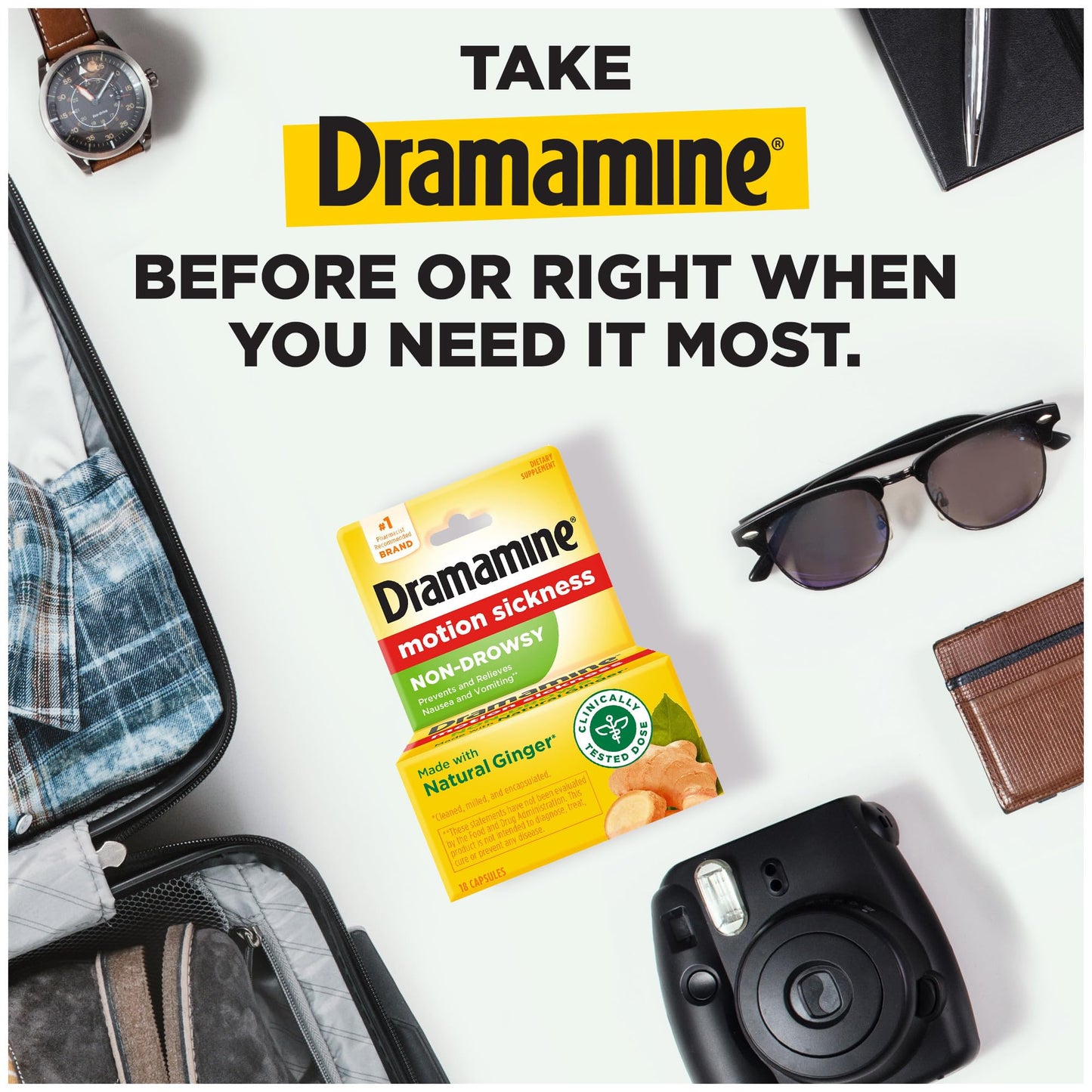 Dramamine Original, Motion Sickness Relief, 36 Count & Non-Drowsy, Motion Sickness Relief, Made with Natural Ginger, 18 Count, 2 Pack