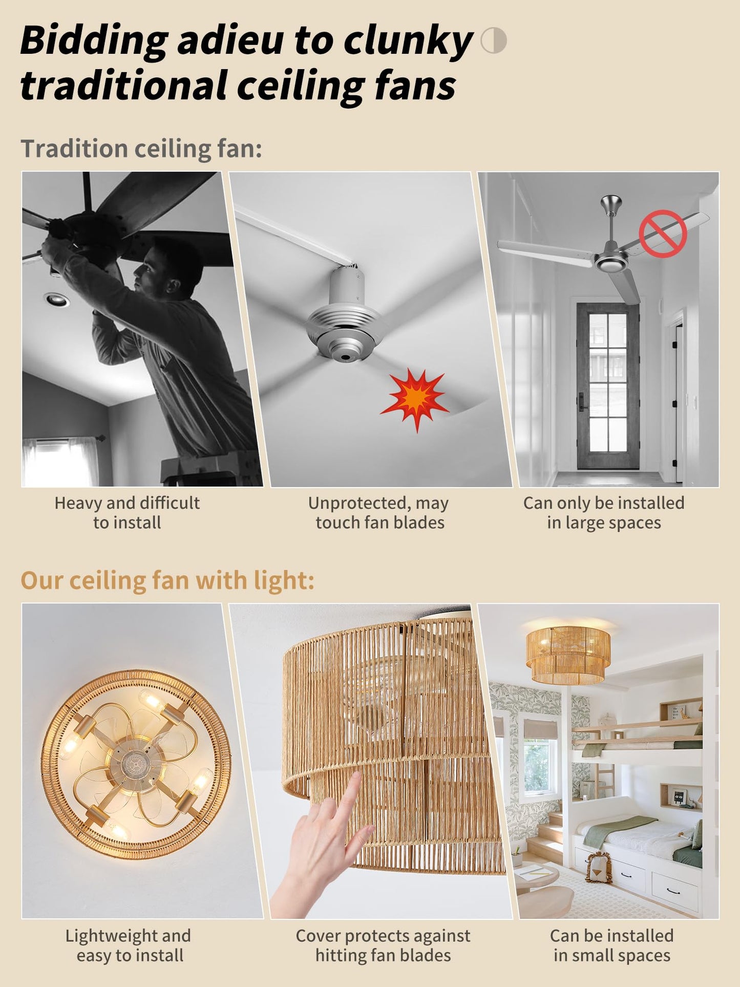 Sydacg Flush Mount Ceiling Fan With Lights Low Profile, 20 Rattan Boho Ceiling Fan With Light Remote Control, Bladeless Caged Wi