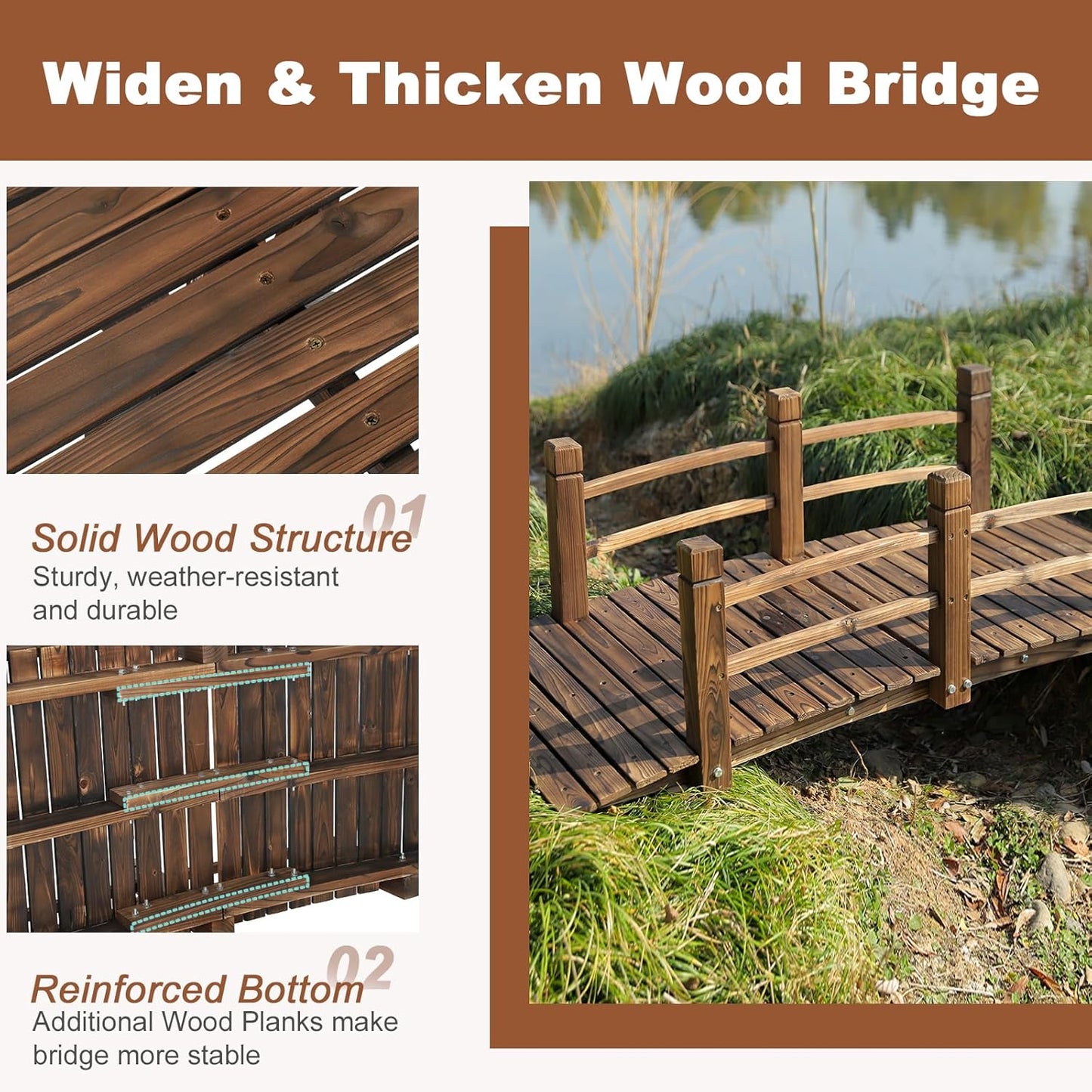 HOMEDIARY Fir Wood Garden Bridge, Outdoor Stained Finish Arc Footbridge Walkway with Double Safety Railings, Decorative Pond Bridge Landscaping for Backyard Farm Garden Creek Pond Decor, Carbonized