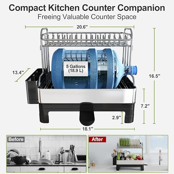 Extra Large Two Tier Stainless Steel Dish Drainer Drying Rack with Drainboard for Kitchen Counter, Modern Black and Silver, Rust Proof Metal, Space Saving Double Countertop Big Plates Dryer and Tray