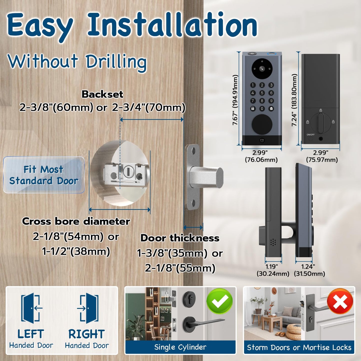 Pothunder Smart Lock with Camera, Keyless Entry Door Lock Deadbolt with WiFi Video Doorbell, Fingerprint Electronic Keypad Code Door Lock for Front Door with App Remote Control, PIR Motion Detection