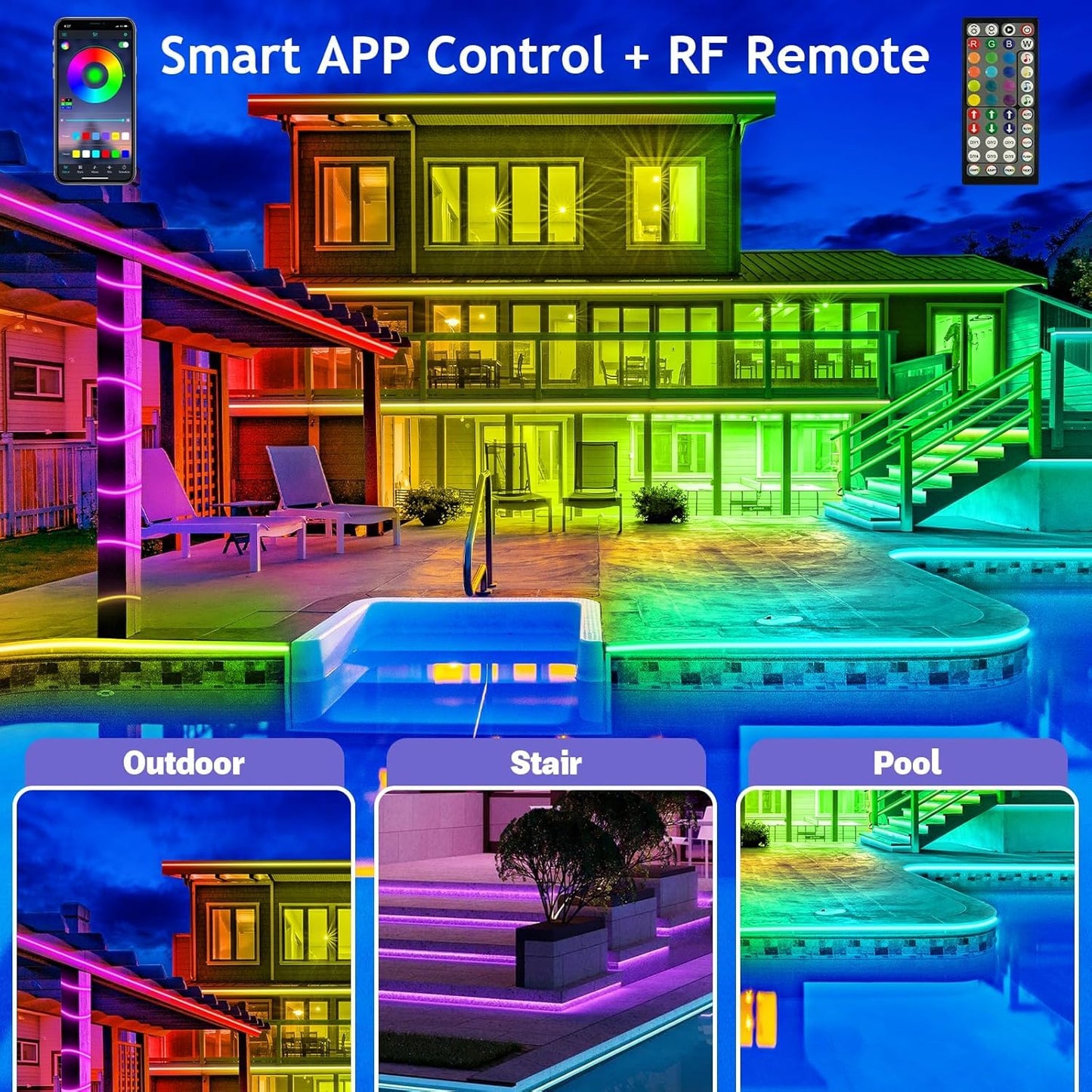 AILBTON Outdoor LED Strip Lights, IP68 Waterproof, Bluetooth App Control, Music Sync, 60ft, RGB