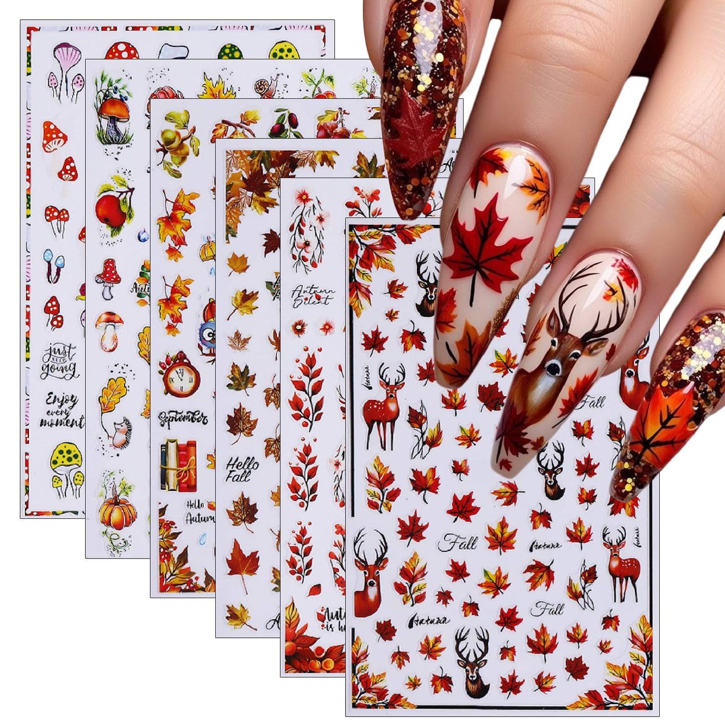 Fall Maple Leaf Nail Art Stickers Autumn Leaves Mushroom Deer Design Self-Adhesive Nail Sticker Fox Pumpkin Wheat Ears Nail Deca