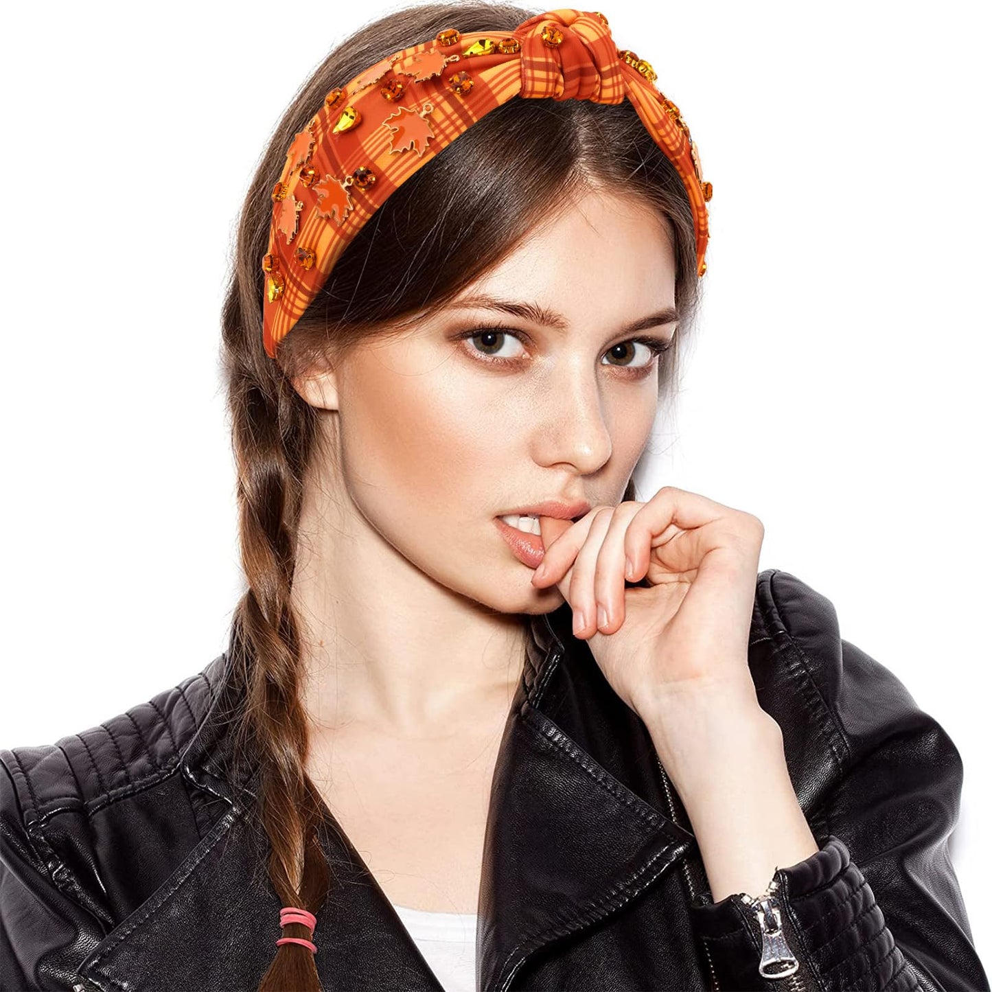 CURASA Thanksgiving Day Fall Headbands For Women Rhinestone Knotted Headband Maple Leaf Non Slip Jeweled Hairband Embellished Ha